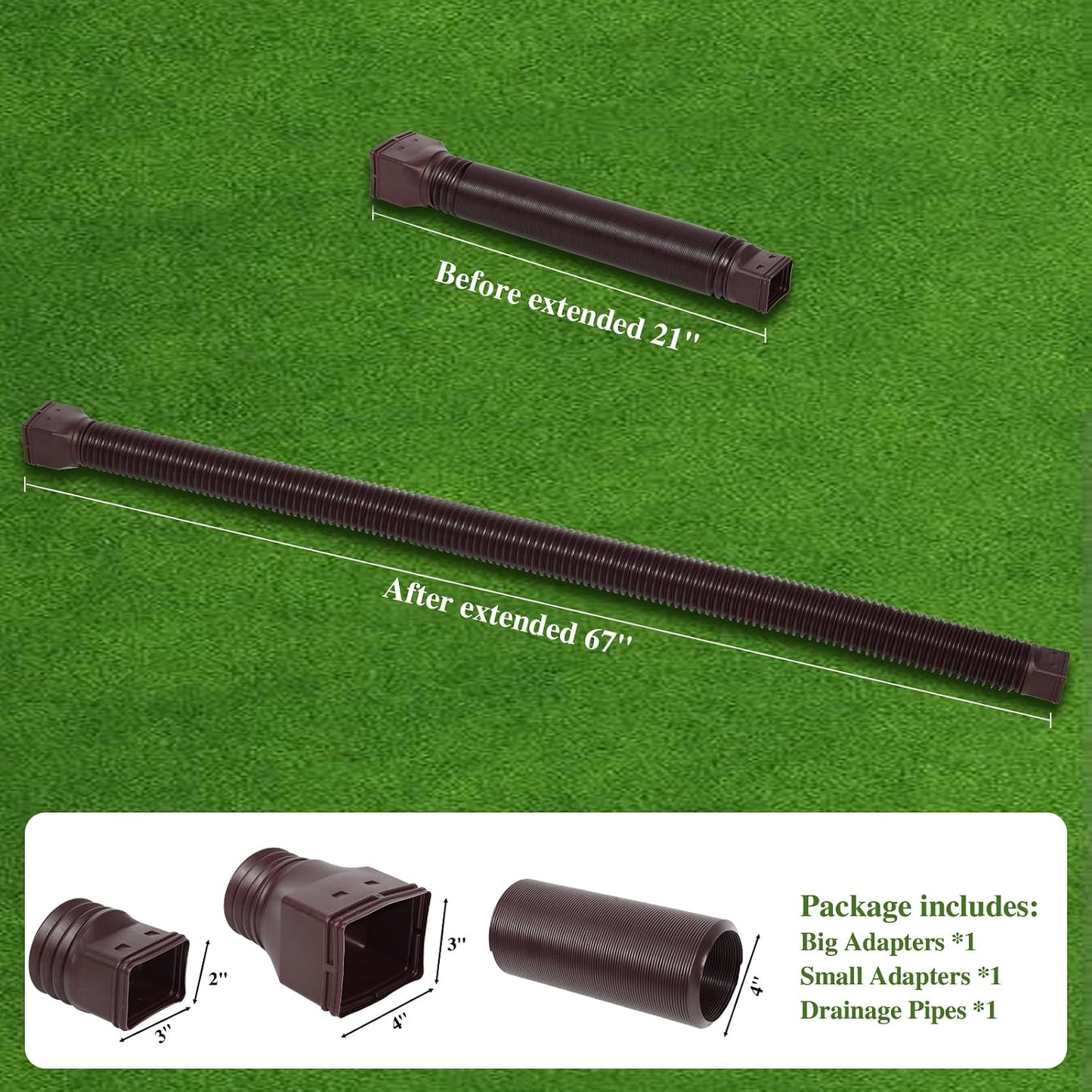 Gutterlix 2 Pack Flexible Gutter Downspout Extensions Extendable from 21" to 67", Downspout Extender Comes with Adapters, Thickened Down spout Drain Extension for Rainwater Drainage(Brown)