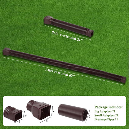 Gutterlix 2 Pack Flexible Gutter Downspout Extensions Extendable from 21" to 67", Downspout Extender Comes with Adapters, Thickened Down spout Drain Extension for Rainwater Drainage(Brown)