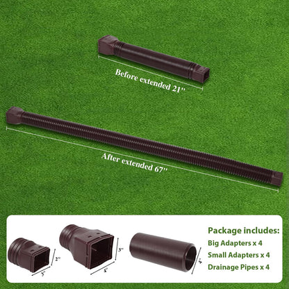 Gutterlix 2 Pack Flexible Gutter Downspout Extensions Extendable from 21" to 67", Downspout Extender Comes with Adapters, Thickened Down spout Drain Extension for Rainwater Drainage(Brown)
