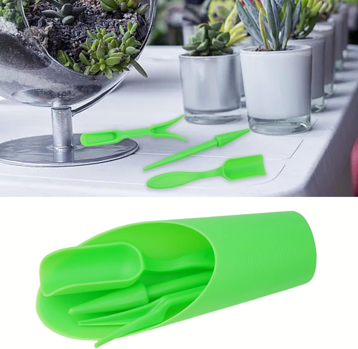 Garden Tool Set with Transplanter Scoop Bucket Shovel and Hole Punch for Succulent and Greenhouse Planting Four Piece Plastic Kit for Transplanting and Potting Tasks(Green)