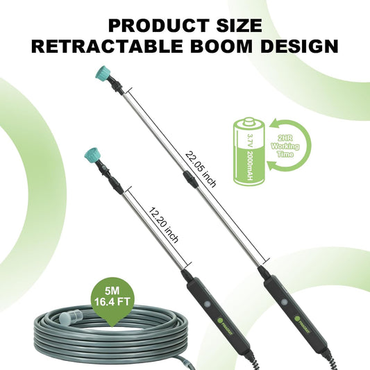 22.1'' Electric Sprayer Wand, Adjustable Nozzle Telescopic Design with 16.4FT Hose, Rechargeable Battery ensure Long Runtime, Lightweight Cordless Wand for Weed Control & Plant Watering