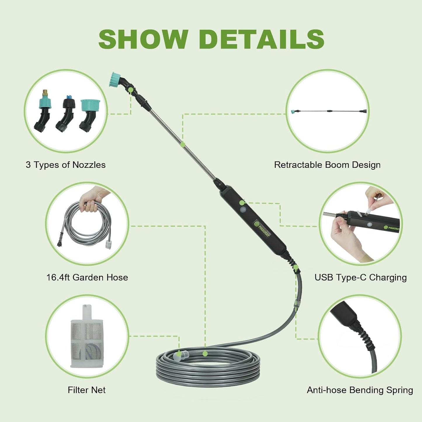 22.1'' Electric Sprayer Wand, Adjustable Nozzle Telescopic Design with 16.4FT Hose, Rechargeable Battery ensure Long Runtime, Lightweight Cordless Wand for Weed Control & Plant Watering