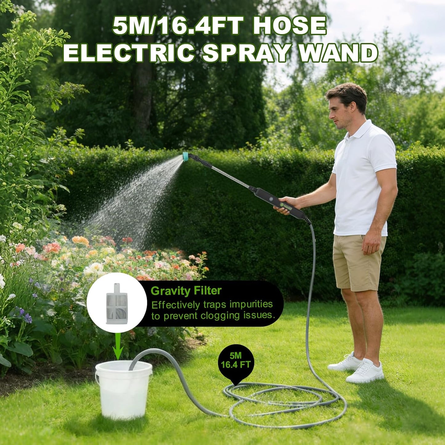 22.1'' Electric Sprayer Wand, Adjustable Nozzle Telescopic Design with 16.4FT Hose, Rechargeable Battery ensure Long Runtime, Lightweight Cordless Wand for Weed Control & Plant Watering