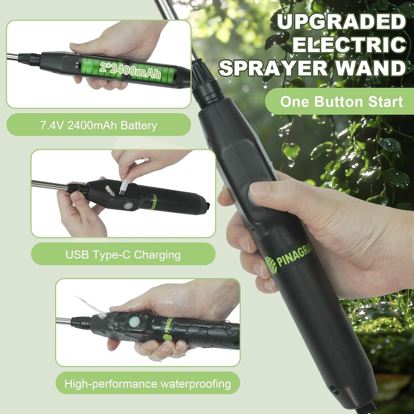 22.1'' Electric Sprayer Wand, Adjustable Nozzle Telescopic Design with 16.4FT Hose, Rechargeable Battery ensure Long Runtime, Lightweight Cordless Wand for Weed Control & Plant Watering