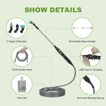 22.1'' Electric Sprayer Wand, Adjustable Nozzle Telescopic Design with 16.4FT Hose, Rechargeable Battery ensure Long Runtime, Lightweight Cordless Wand for Weed Control & Plant Watering