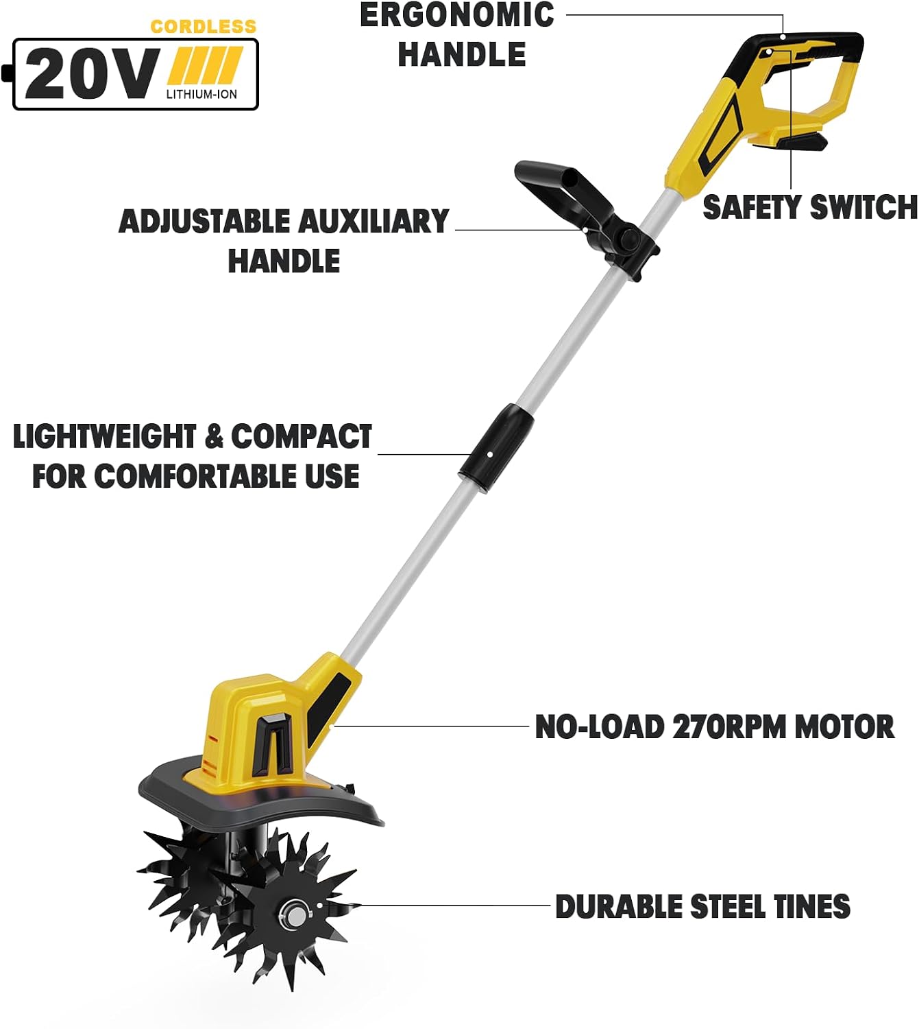 Cordless Garden Tiller Cultivator Compatible with Dewalt 20V Max Battery