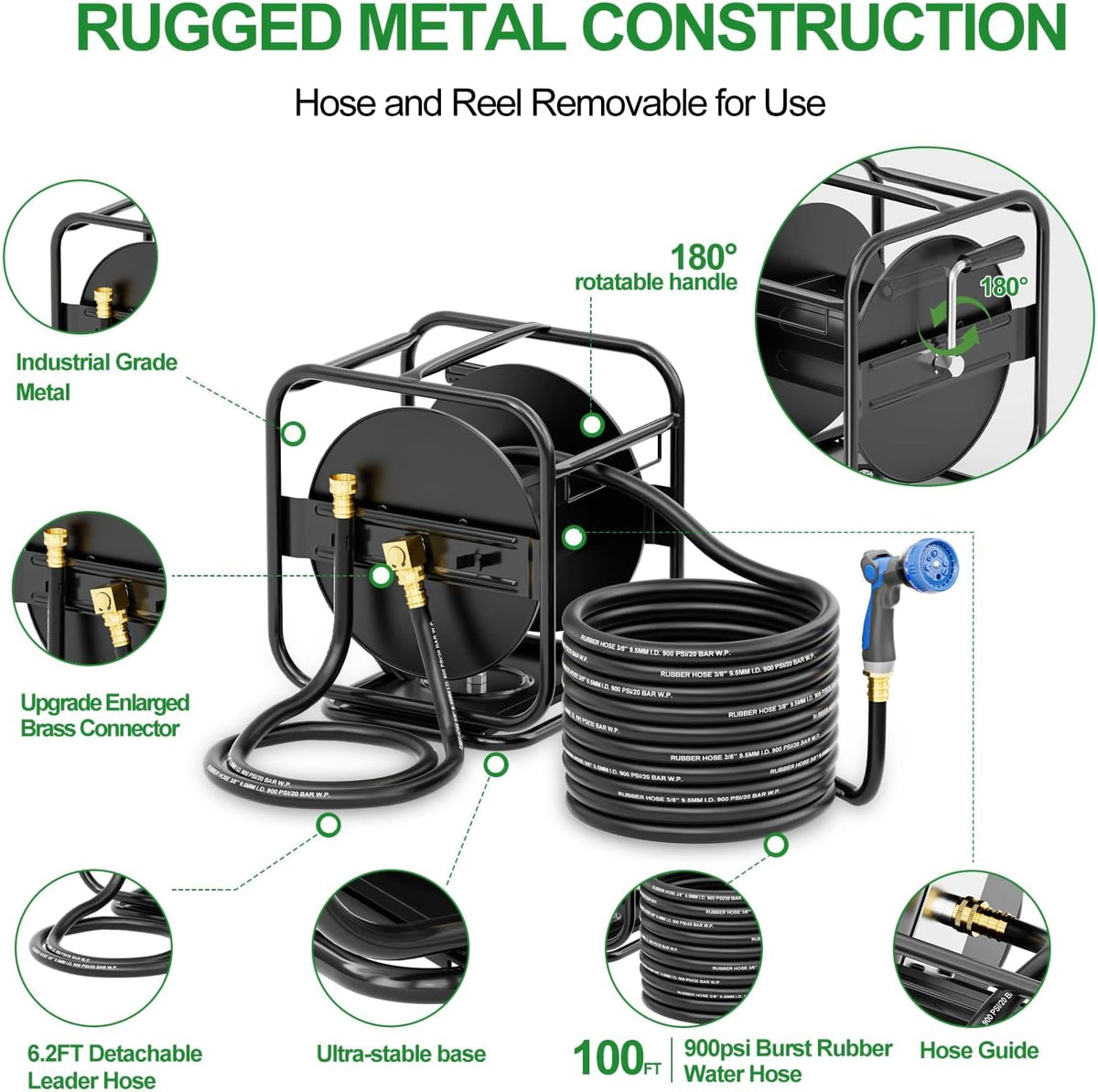 Garden Water Hose Reel,100-200FT Capacity for Yard, Farm & Ranch