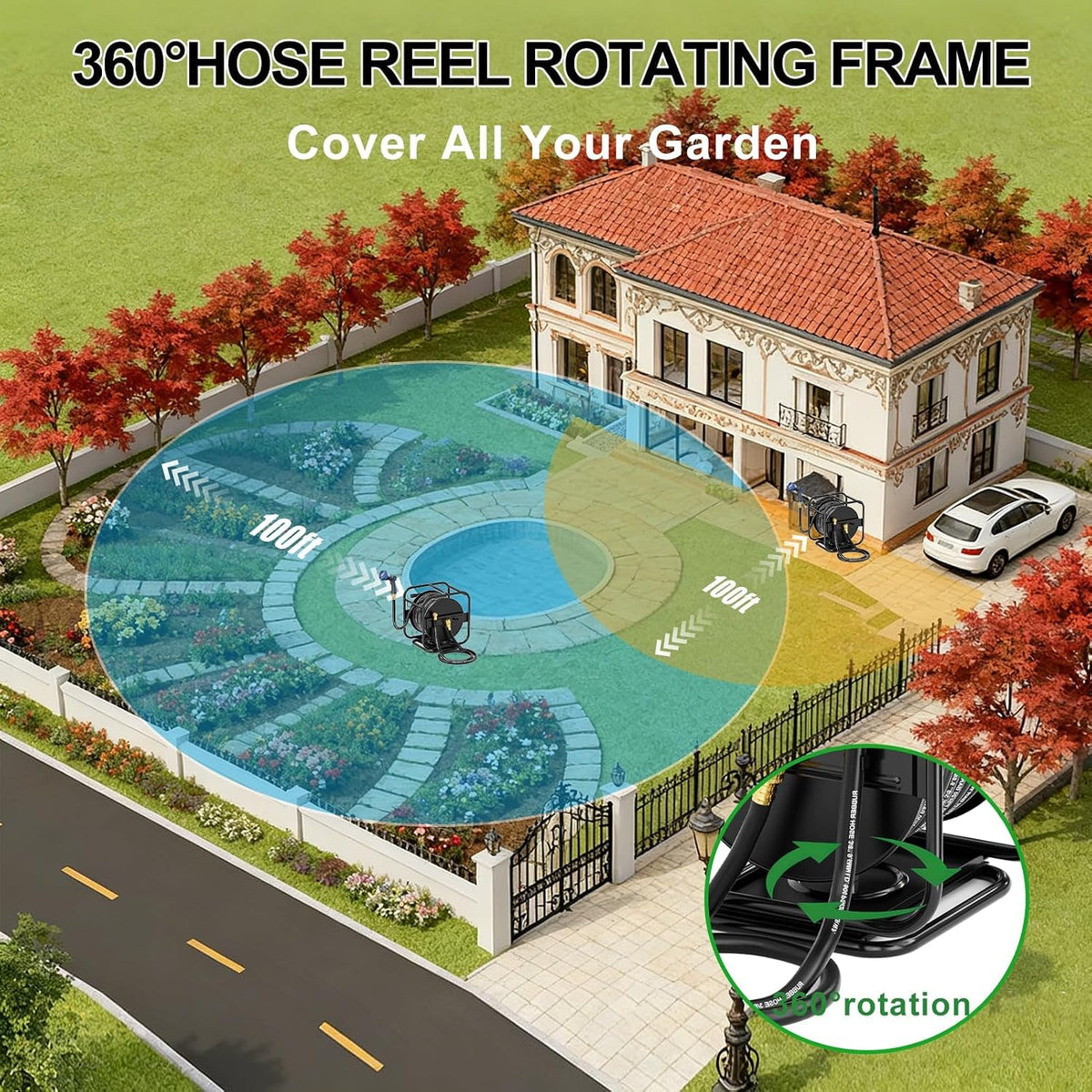 Garden Water Hose Reel,100-200FT Capacity for Yard, Farm & Ranch