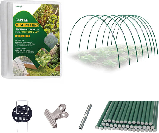 Garden Hoops and Netting Bundle kit, 40pcs Row Cover Hoops with 10x33ft Fine Mesh Netting