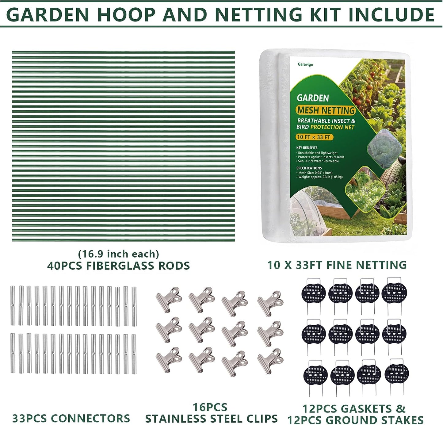 Garden Hoops and Netting Bundle kit, 40pcs Row Cover Hoops with 10x33ft Fine Mesh Netting