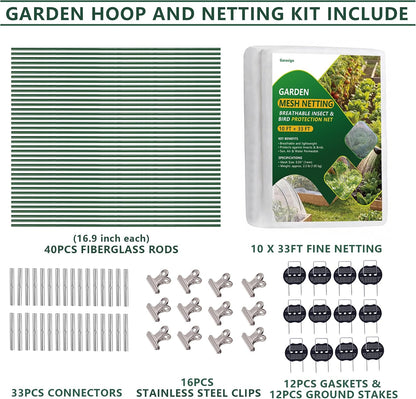 Garden Hoops and Netting Bundle kit, 40pcs Row Cover Hoops with 10x33ft Fine Mesh Netting