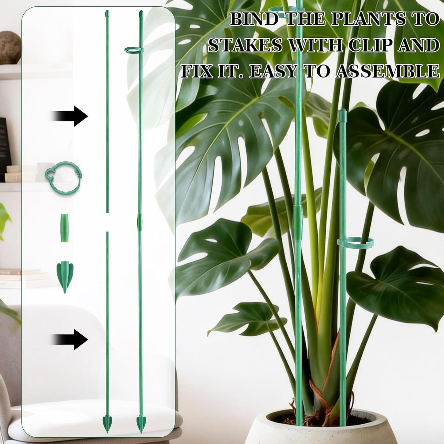 15" Plant Stackes for Indoor Plants, Adjustable Plant Support Stakes with Clips, Plant Sticks Support Tall for Indoor Orchid Monstera Tomato Potted Plants, Great Garden Stakes- 10pcs