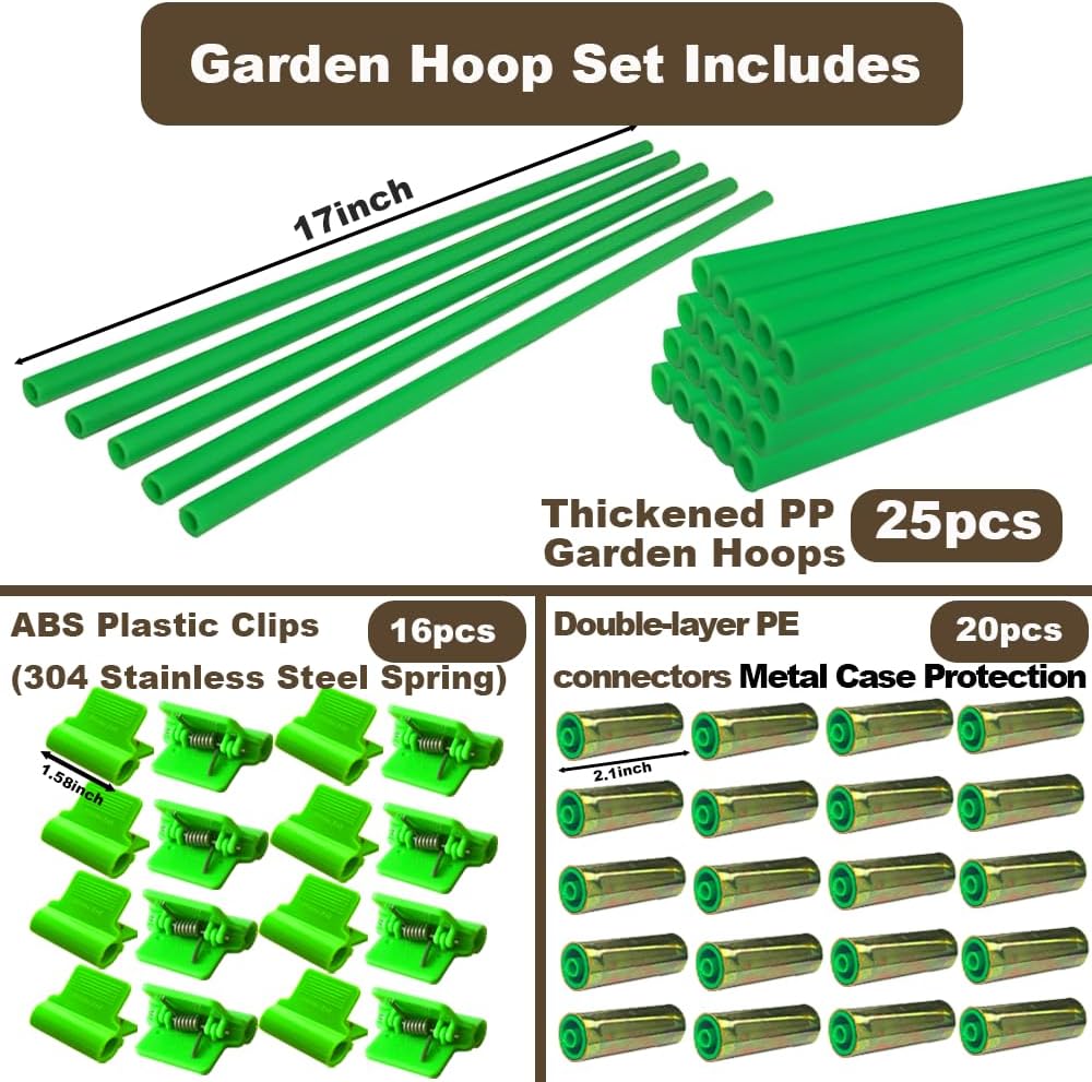 Greenhouse Hoops Set for DIY Grow Tunnel，Metal Connectors Thickened High Tenacity PP Dark Green Garden Hoops for Row Cover，Raised beds，DIY Plant Support Garden Stakes, 25pcs