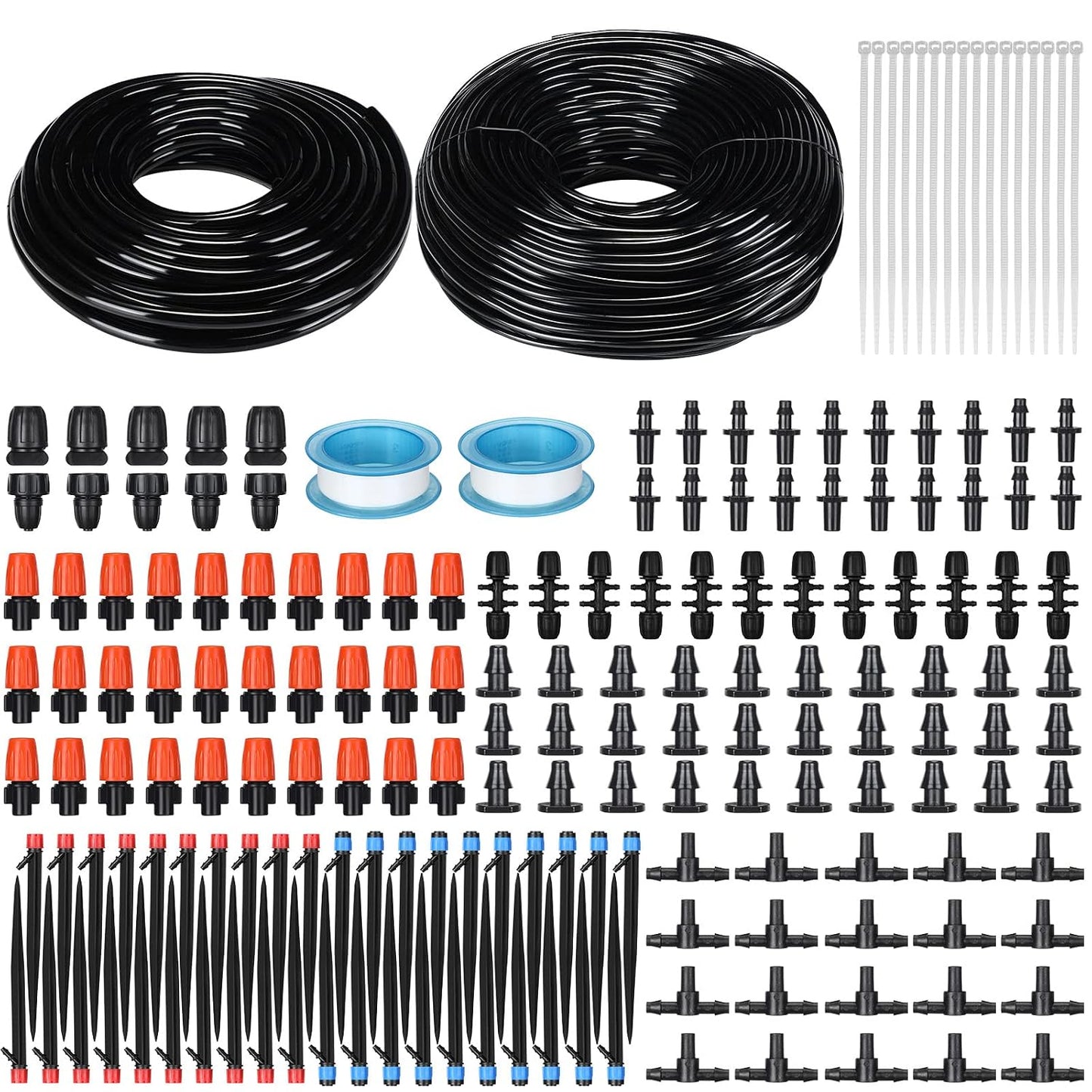 394 ft Drip Irrigation System Kit, 1/2 Inch Hose 1/4 Inch Distribution Tubing Drip Emitters Adjustable Misting Nozzle Barbed Fittings Patio Misting Plant Watering System for Garden Yard Lawn