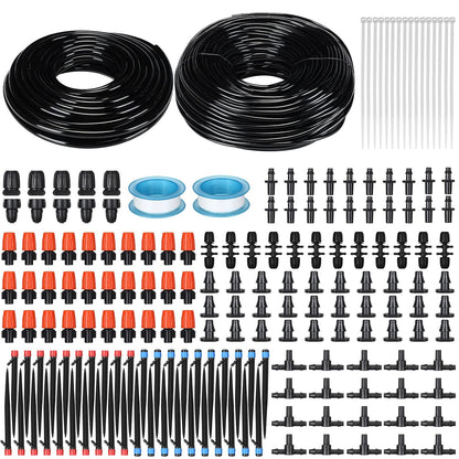 394 ft Drip Irrigation System Kit, 1/2 Inch Hose 1/4 Inch Distribution Tubing Drip Emitters Adjustable Misting Nozzle Barbed Fittings Patio Misting Plant Watering System for Garden Yard Lawn