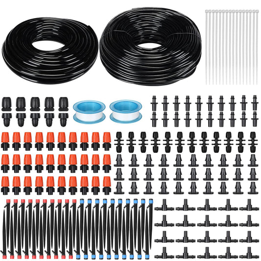 394 ft Drip Irrigation System Kit, 1/2 Inch Hose 1/4 Inch Distribution Tubing Drip Emitters Adjustable Misting Nozzle Barbed Fittings Patio Misting Plant Watering System for Garden Yard Lawn