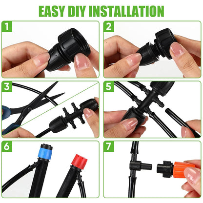 394 ft Drip Irrigation System Kit, 1/2 Inch Hose 1/4 Inch Distribution Tubing Drip Emitters Adjustable Misting Nozzle Barbed Fittings Patio Misting Plant Watering System for Garden Yard Lawn