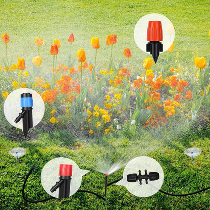 394 ft Drip Irrigation System Kit, 1/2 Inch Hose 1/4 Inch Distribution Tubing Drip Emitters Adjustable Misting Nozzle Barbed Fittings Patio Misting Plant Watering System for Garden Yard Lawn