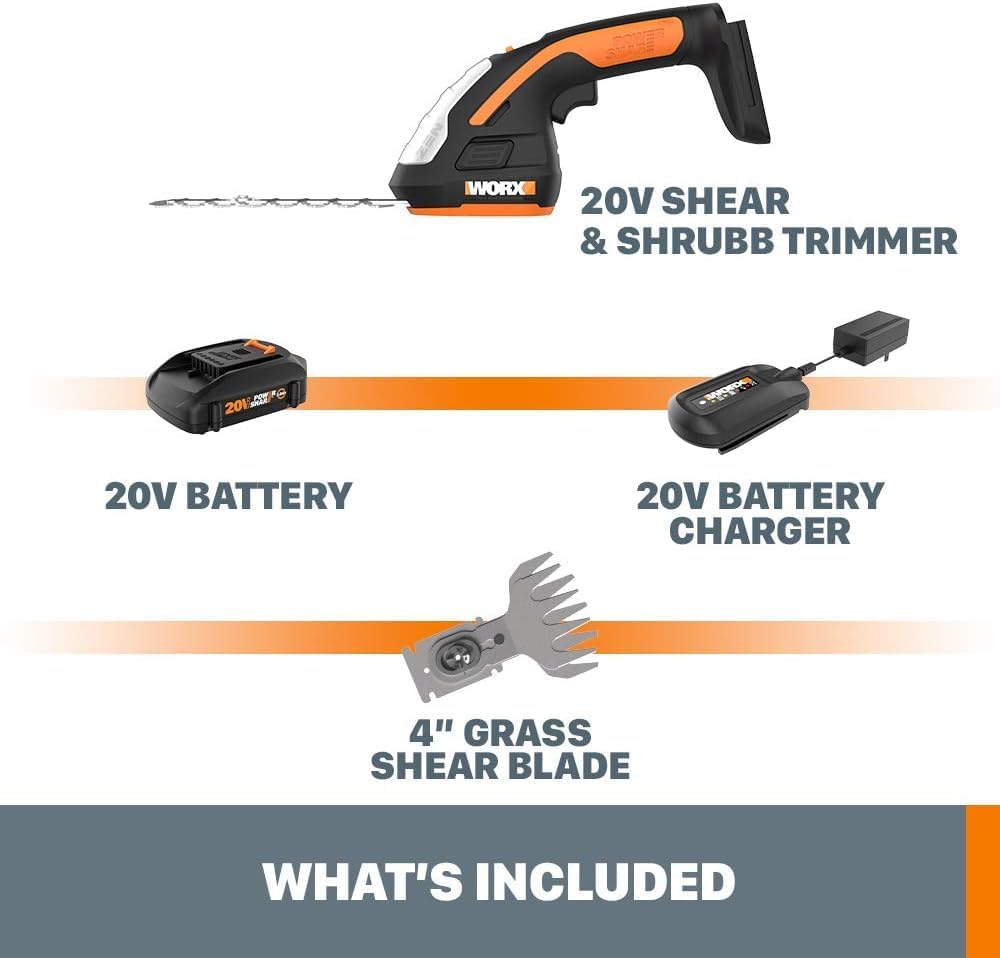 Cordless Grass Shear & Shrub Trimmer, 20V 4" + 8" Bush Trimmer, WG801