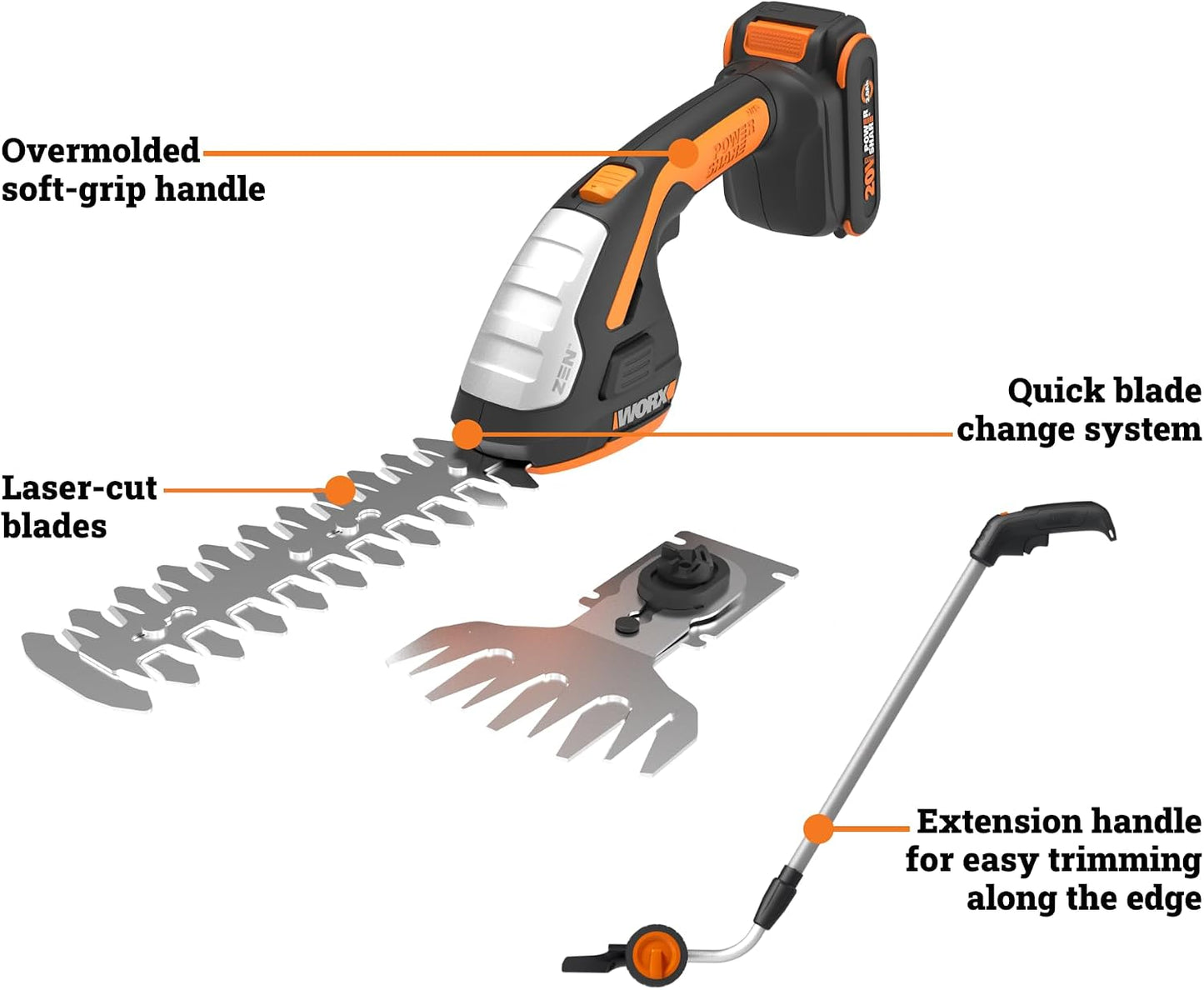 Cordless Grass Shear & Shrub Trimmer, 20V 4" + 8" Bush Trimmer, WG801