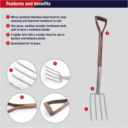 Traditional Stainless Steel Border Fork, Durable Heavy Duty Garden Tool, Ideal for Aerating Weeding and Digging, Comfortable Wooden Handle