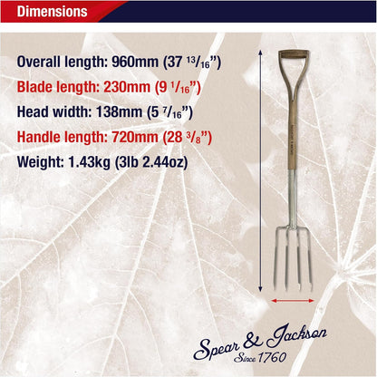 Traditional Stainless Steel Border Fork, Durable Heavy Duty Garden Tool, Ideal for Aerating Weeding and Digging, Comfortable Wooden Handle