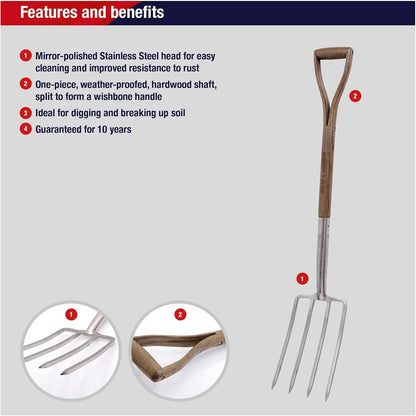 Traditional Stainless Steel Border Fork, Durable Heavy Duty Garden Tool, Ideal for Aerating Weeding and Digging, Comfortable Wooden Handle