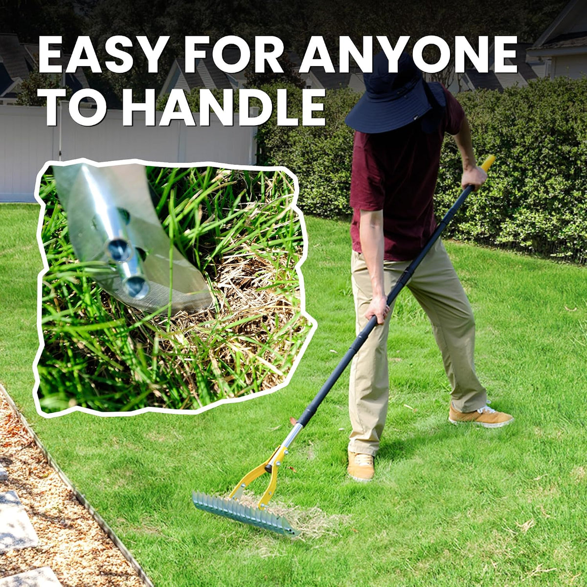 Thatch Rake for Lawn with 74inch Handle, 15 inch Dethatcher Rake for Grass to Cleaning Dead Grass, Efficient Steel Metal Rake for Dethatching, Heavy Duty Thatching Rakes for Garden, Yard
