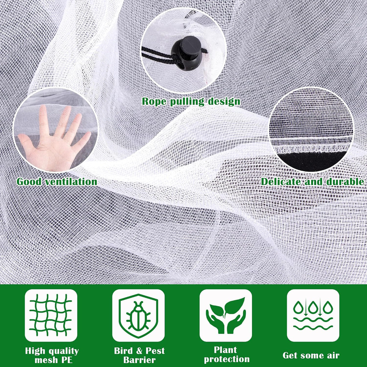 1N 6 x 7 Feet Insect Bird Barrier Netting Mesh with Drawstring, Garden Bug Netting Plant Cover for Protect Plant Fruits Flower from Insect Bird Eating