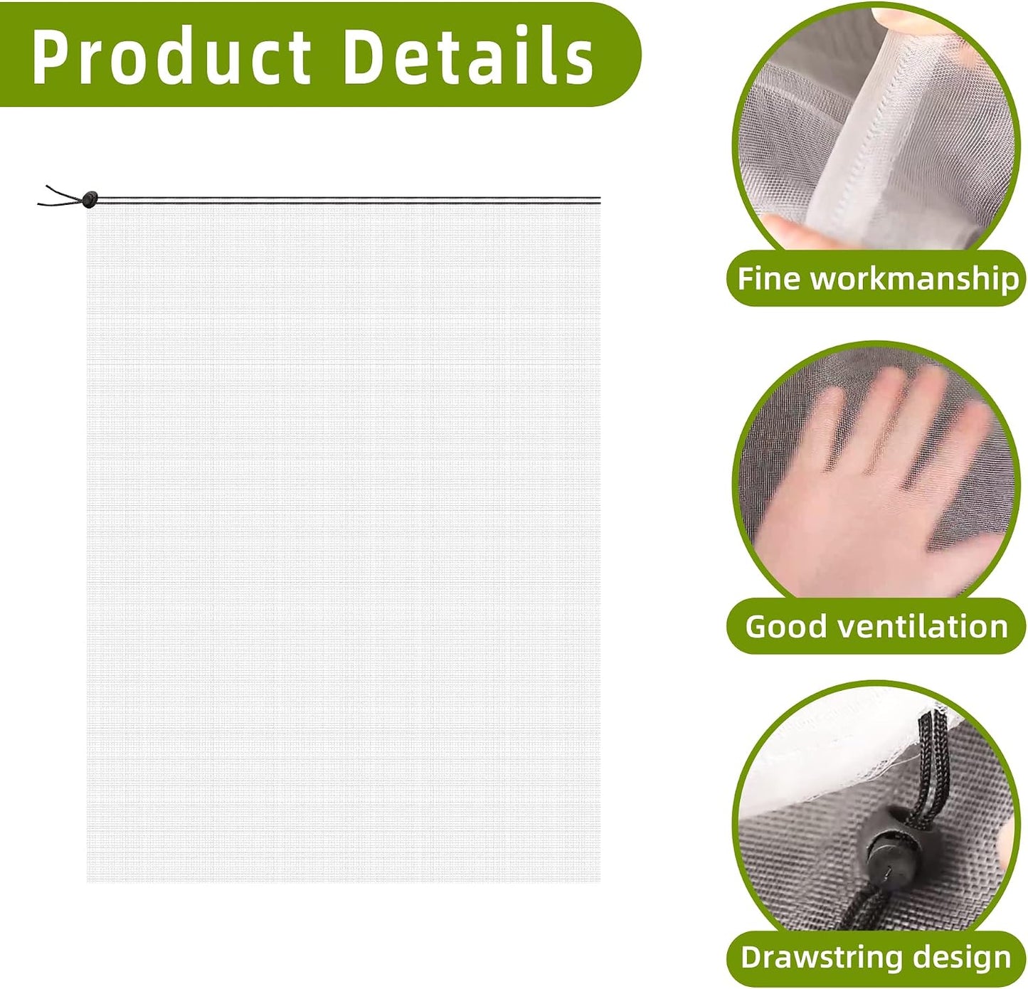 1N 6 x 7 Feet Insect Bird Barrier Netting Mesh with Drawstring, Garden Bug Netting Plant Cover for Protect Plant Fruits Flower from Insect Bird Eating