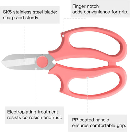 Flower Scissors, Premium Steel Garden Pruning Shears, Pink