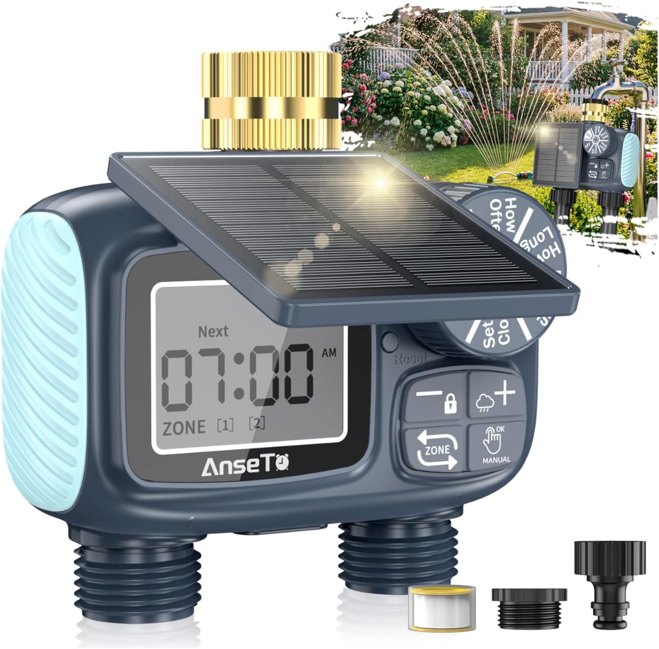 Solar Sprinkler Timer,2 Zone Brass Inlet Water Timer for Garden Hose