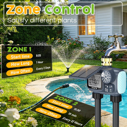 Solar Sprinkler Timer,2 Zone Brass Inlet Water Timer for Garden Hose