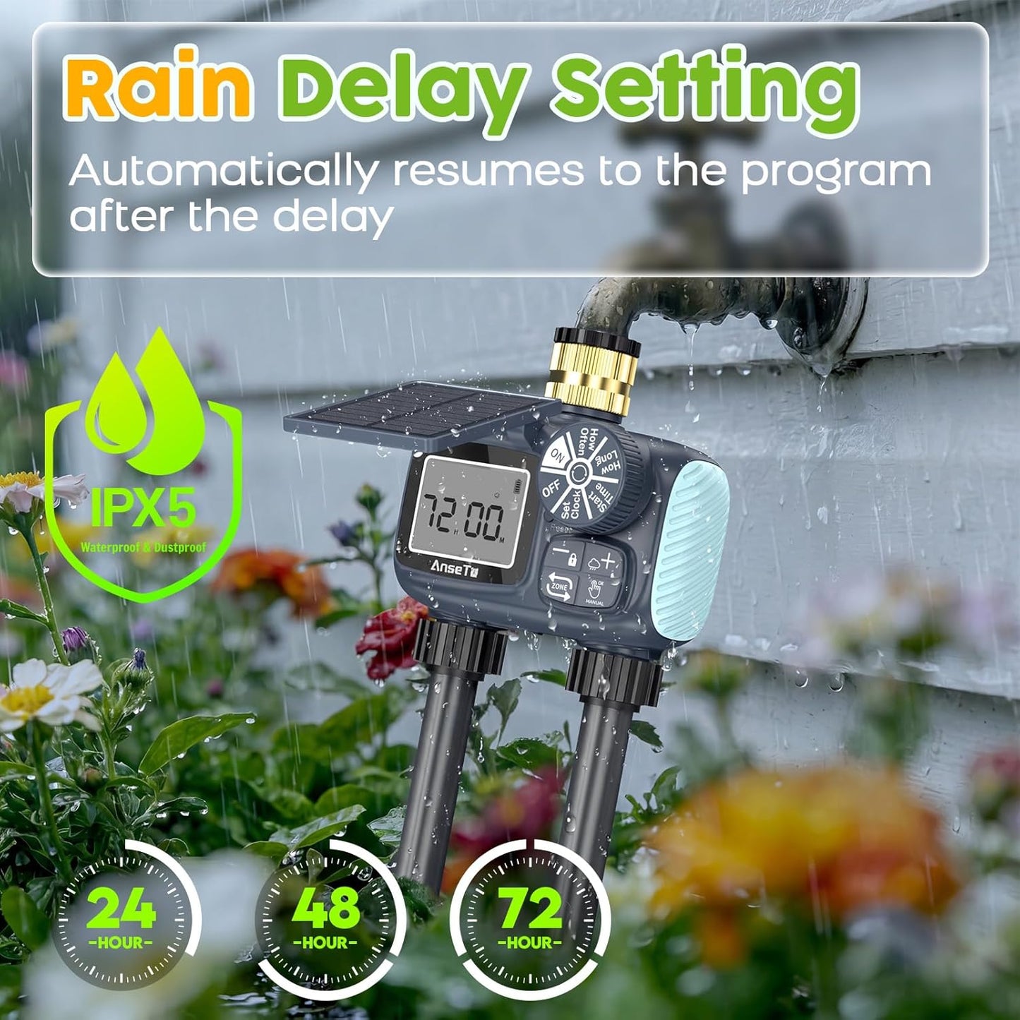 Solar Sprinkler Timer,2 Zone Brass Inlet Water Timer for Garden Hose