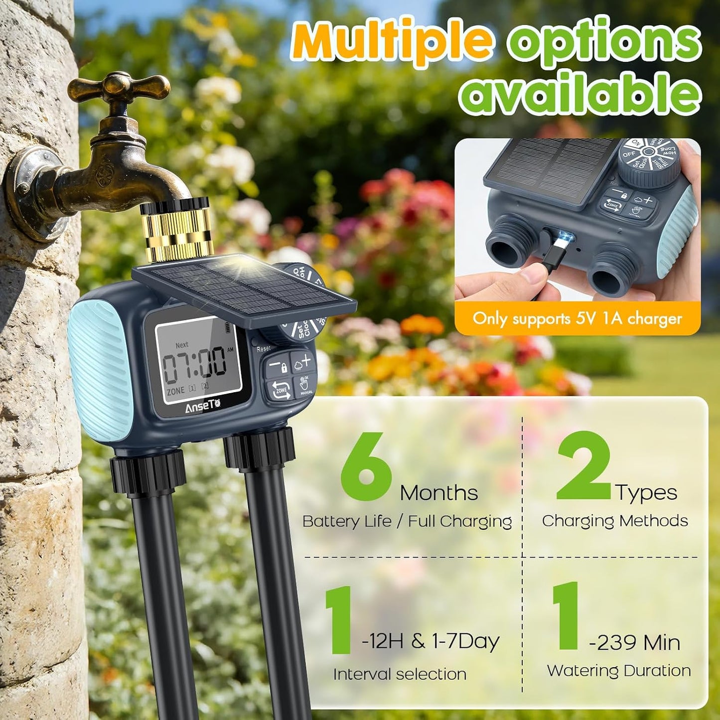 Solar Sprinkler Timer,2 Zone Brass Inlet Water Timer for Garden Hose