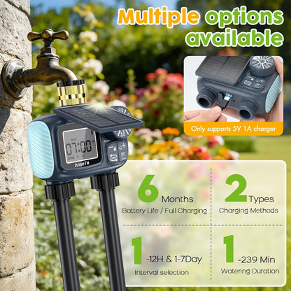 Solar Sprinkler Timer,2 Zone Brass Inlet Water Timer for Garden Hose