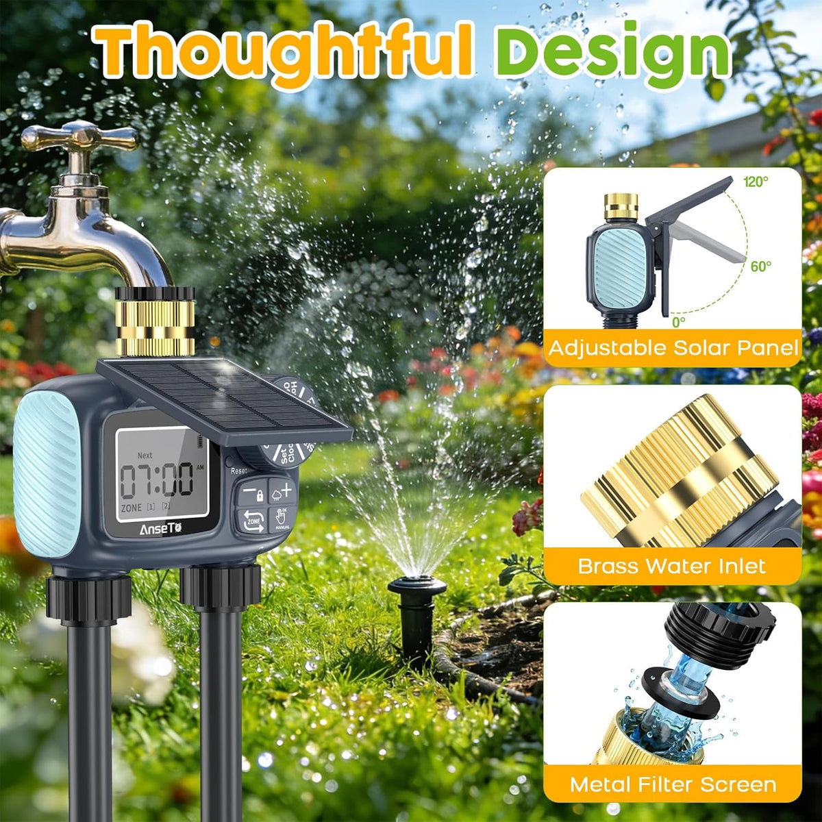 Solar Sprinkler Timer,2 Zone Brass Inlet Water Timer for Garden Hose