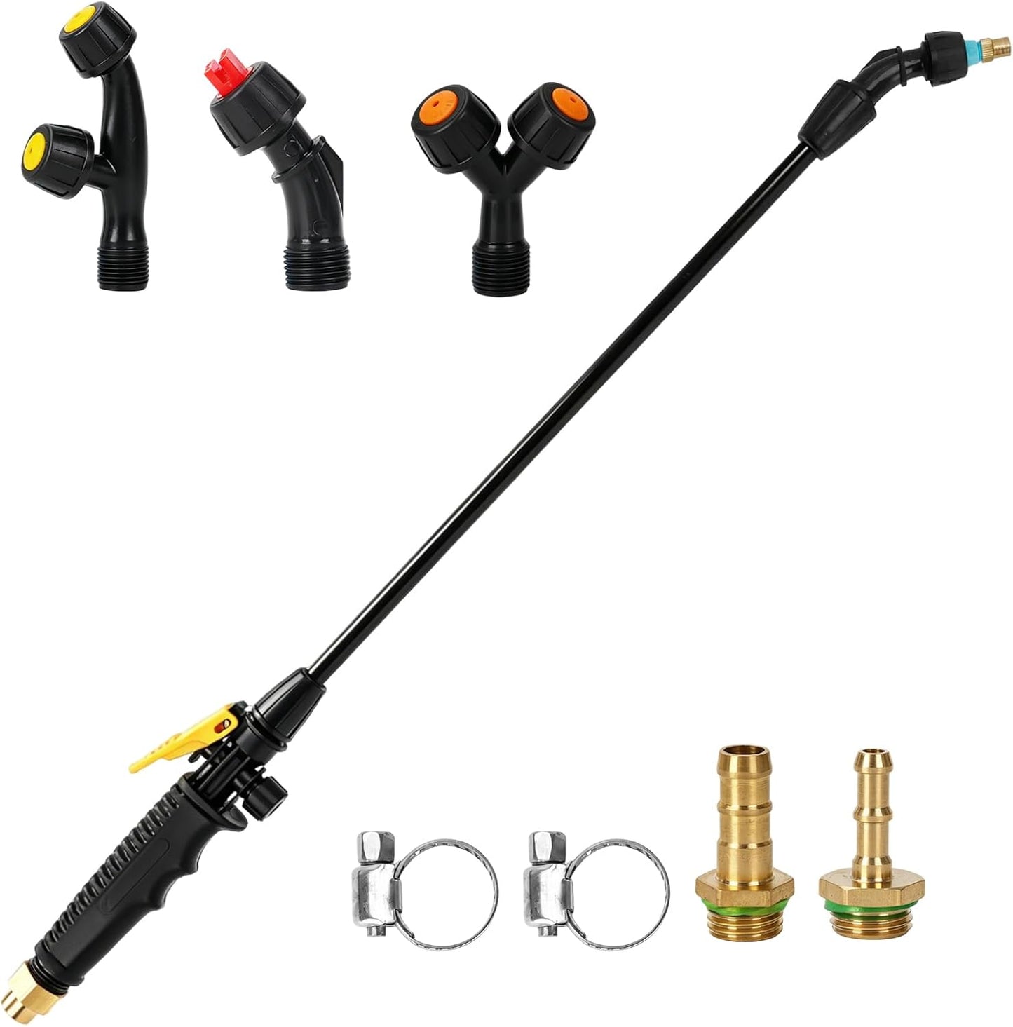 Sprayer Wand Replacement Kit, Acid Resistant Spray Wand with 4 Types Nozzles Brass Fittings, Pump Sprayer Wand, Garden Hose Wand with 1/4" & 3/8" Brass Barbs and 2 Hose Clamps for Watering