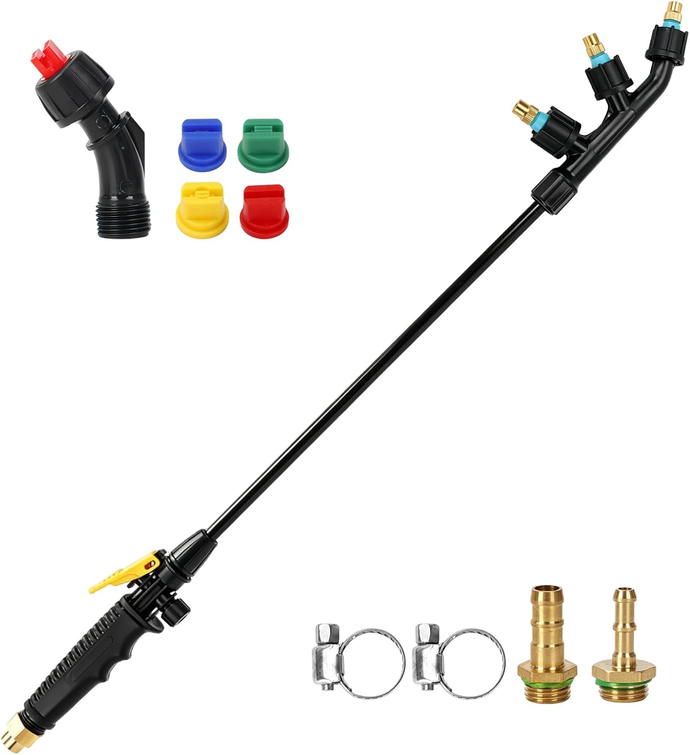 Sprayer Wand Replacement Kit, Acid Resistant Spray Wand with 4 Types Nozzles Brass Fittings, Pump Sprayer Wand, Garden Hose Wand with 1/4" & 3/8" Brass Barbs and 2 Hose Clamps for Watering