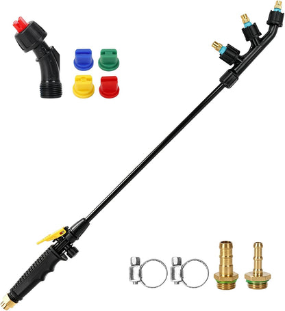 Sprayer Wand Replacement Kit, Acid Resistant Spray Wand with 4 Types Nozzles Brass Fittings, Pump Sprayer Wand, Garden Hose Wand with 1/4" & 3/8" Brass Barbs and 2 Hose Clamps for Watering