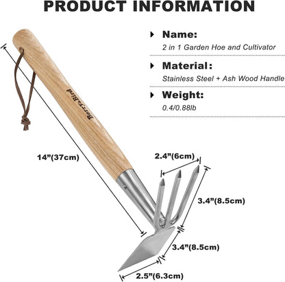 2-in-1 Hand Hoe & Cultivator,14" Garden Tool with Wood Handle
