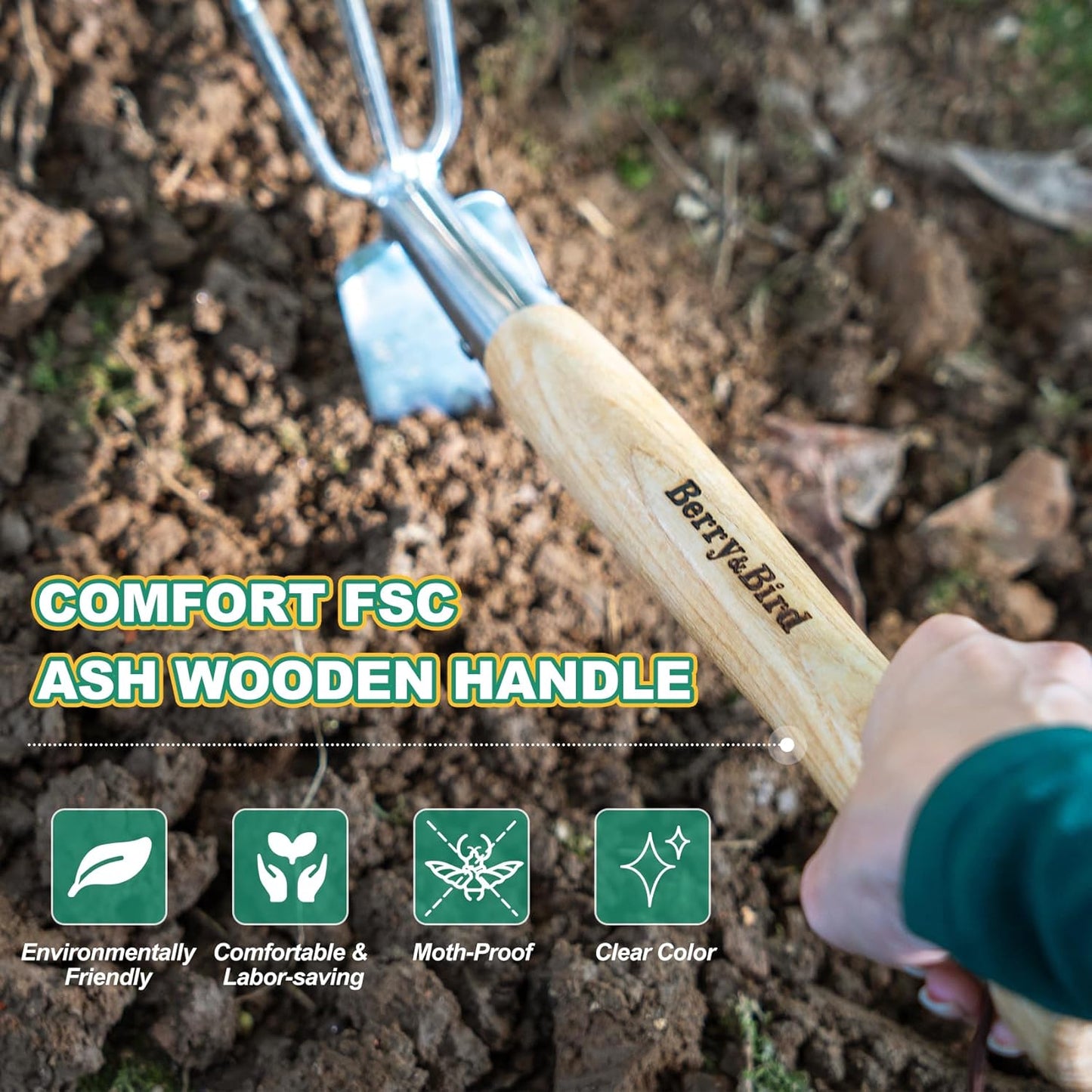 2-in-1 Hand Hoe & Cultivator,14" Garden Tool with Wood Handle