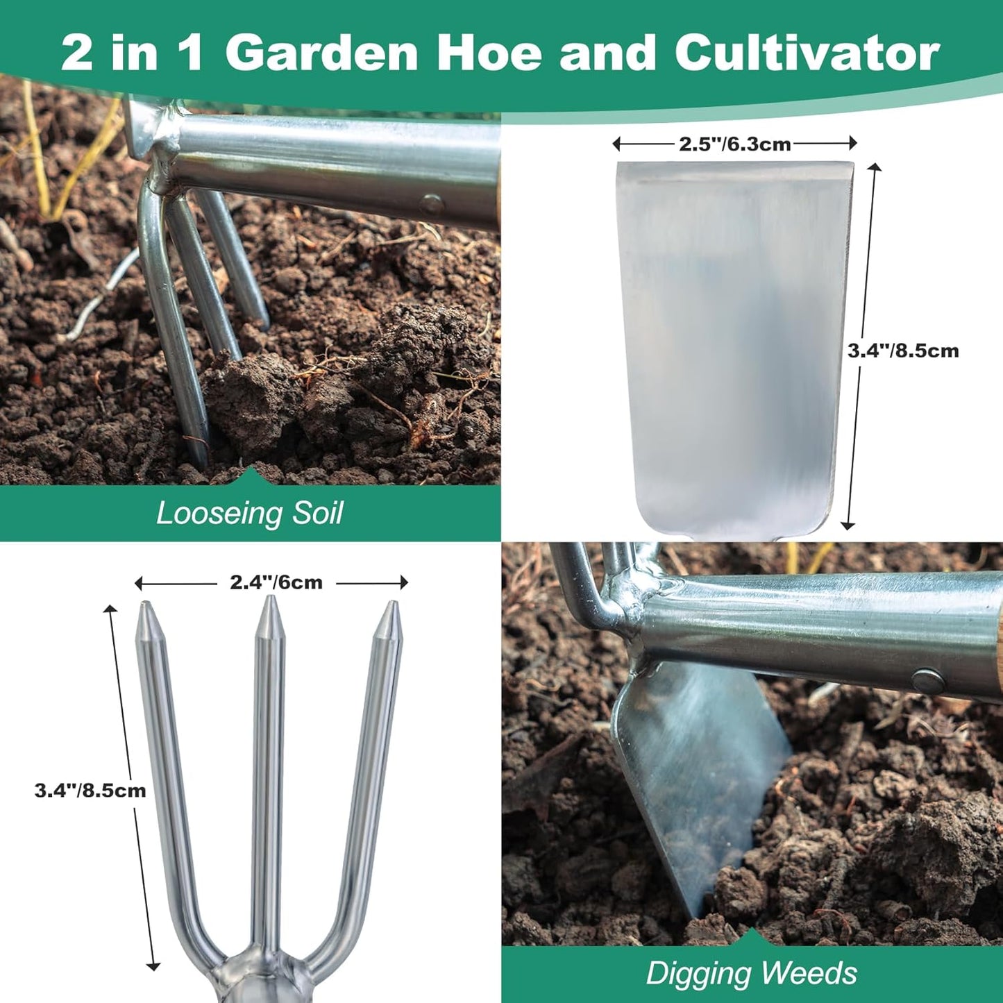 2-in-1 Hand Hoe & Cultivator,14" Garden Tool with Wood Handle
