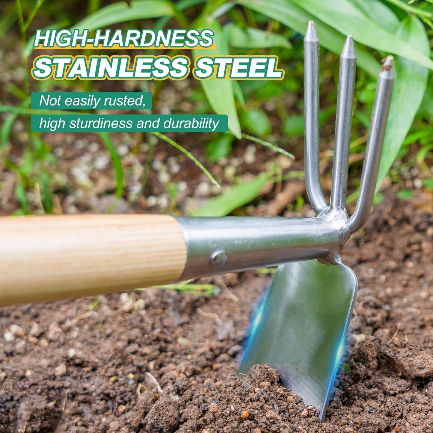 2-in-1 Hand Hoe & Cultivator,14" Garden Tool with Wood Handle
