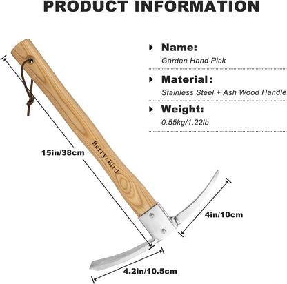 2-in-1 Hand Hoe & Cultivator,14" Garden Tool with Wood Handle