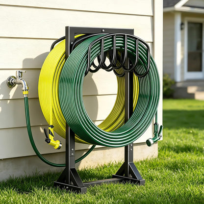 Garden Hose Holder Holds 2 x 151FT Hoses, Heavy-Duty Metal Freestanding Hose Stand Hanger with Stable Base, Rustproof Double Water Hose Holders for Outside Yard Lawn Farm, Black