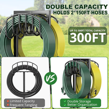 Garden Hose Holder Holds 2 x 151FT Hoses, Heavy-Duty Metal Freestanding Hose Stand Hanger with Stable Base, Rustproof Double Water Hose Holders for Outside Yard Lawn Farm, Black