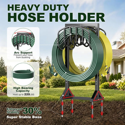 Garden Hose Holder Holds 2 x 151FT Hoses, Heavy-Duty Metal Freestanding Hose Stand Hanger with Stable Base, Rustproof Double Water Hose Holders for Outside Yard Lawn Farm, Black