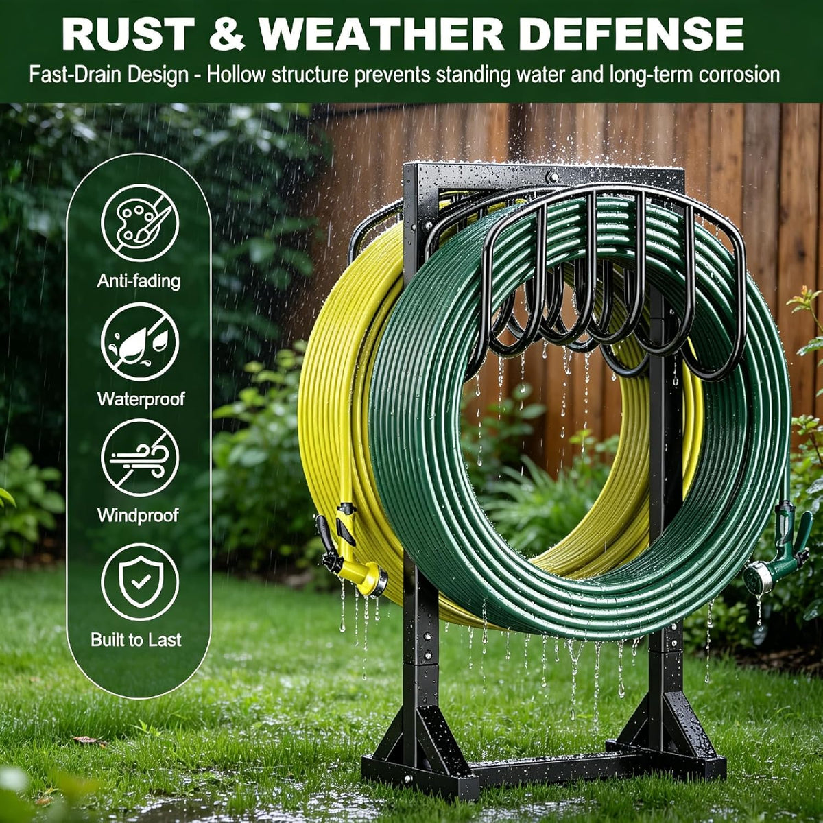 Garden Hose Holder Holds 2 x 151FT Hoses, Heavy-Duty Metal Freestanding Hose Stand Hanger with Stable Base, Rustproof Double Water Hose Holders for Outside Yard Lawn Farm, Black