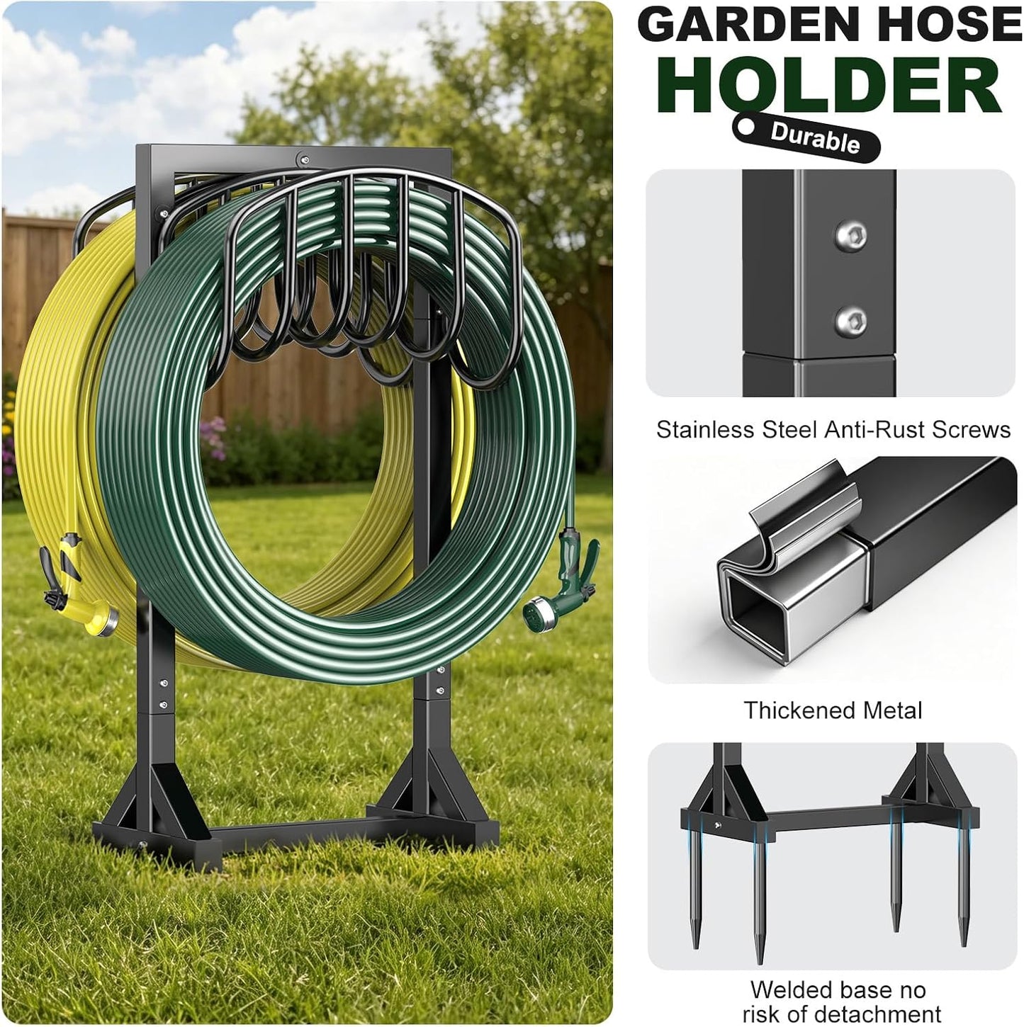 Garden Hose Holder Holds 2 x 151FT Hoses, Heavy-Duty Metal Freestanding Hose Stand Hanger with Stable Base, Rustproof Double Water Hose Holders for Outside Yard Lawn Farm, Black